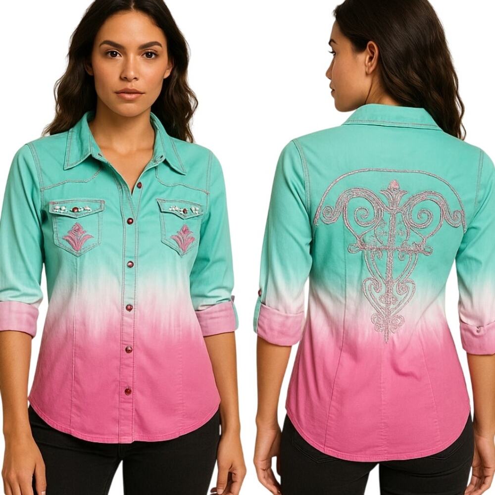 Roar Button Up Shirt Pink Green Ombre' Rhinestone Embroidered M Western Glam